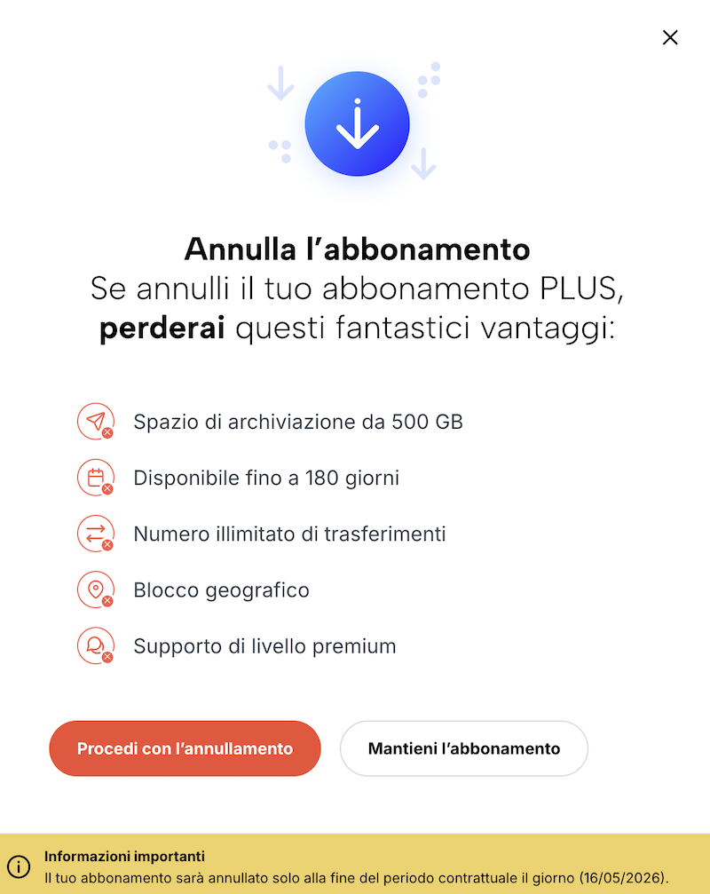 Overlay per confermare la disdetta dell’abbonamento.