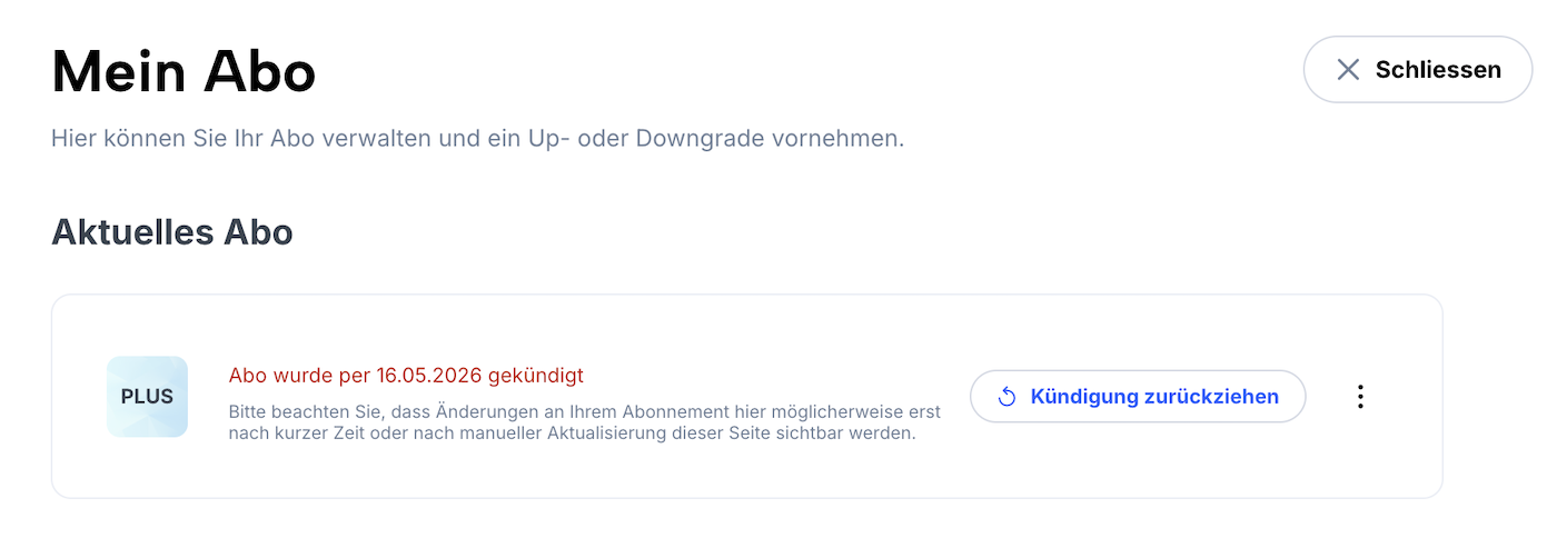 Abo-Übersicht mit Hinweis zum Kündigungsdatum und Button zum Zurückziehen der Kündigung.