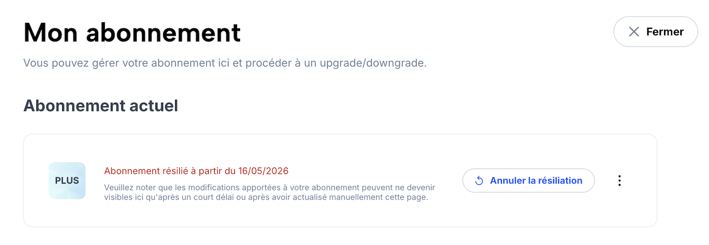 Aperçu de l'abonnement avec indication de la date de résiliation et bouton pour annuler la résiliation.