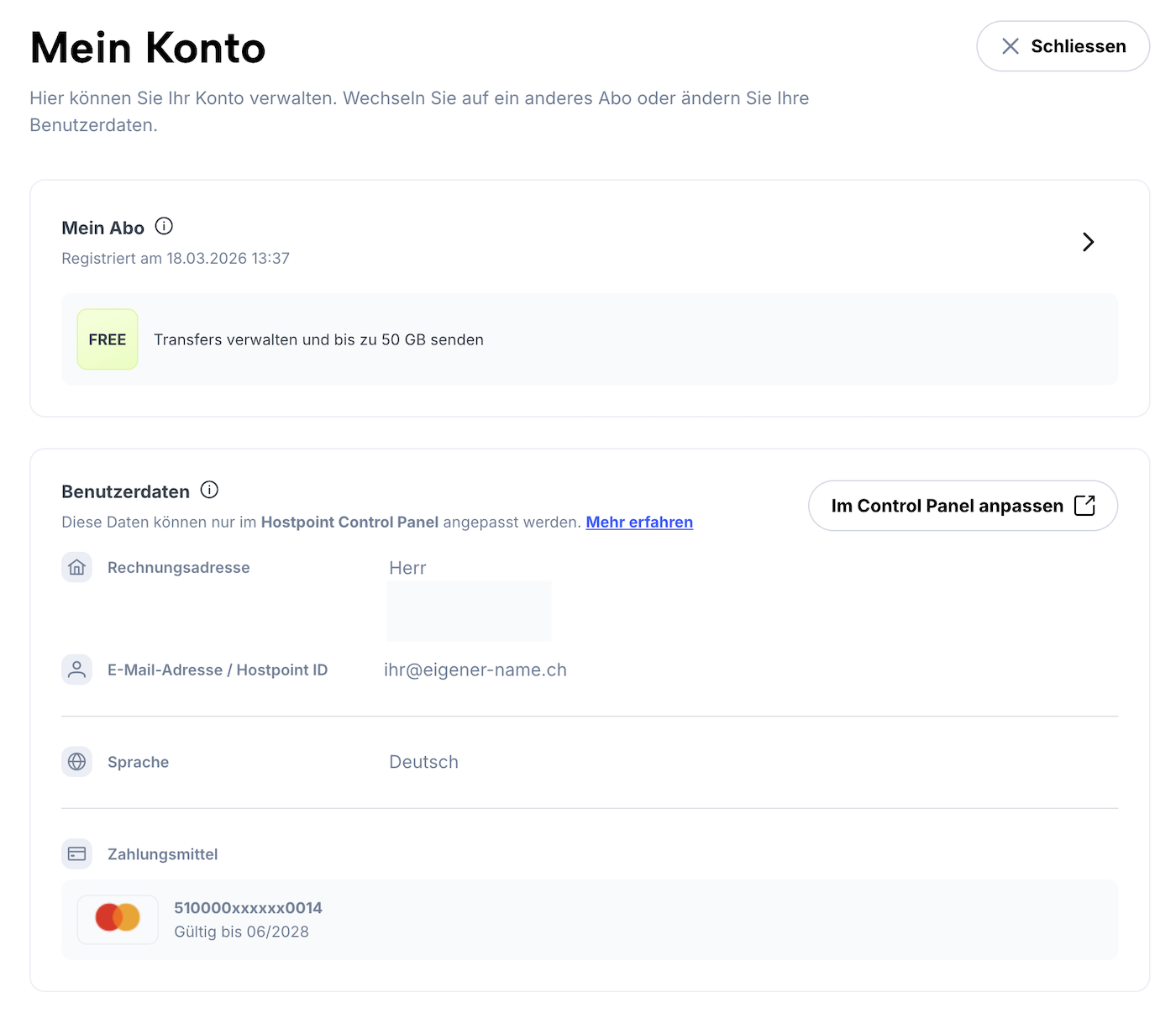 Seite "Mein Konto" mit den hinterlegten Benutzerdaten und Zahlungsmittel.