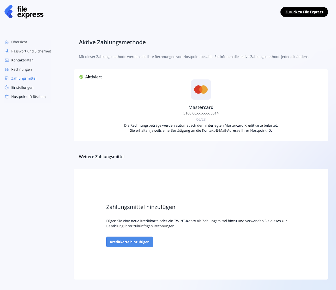Seite "Zahlungsmittel" im Hostpoint Control Panel, mit Option zum Hinzufügen einer neuen Kreditkarte.
