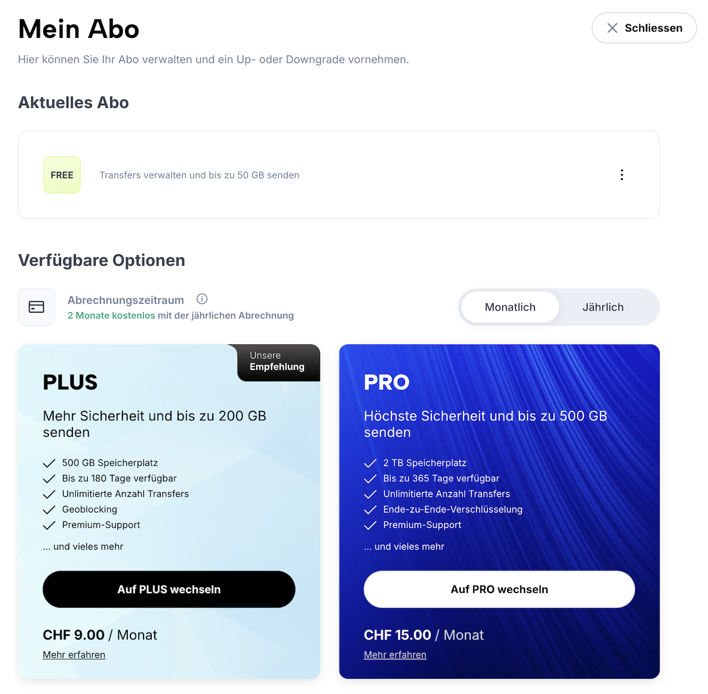 Seite "Mein Abo" mit Infos zum aktuellen Abo sowie Up-/Downgrade-Möglichkeiten.