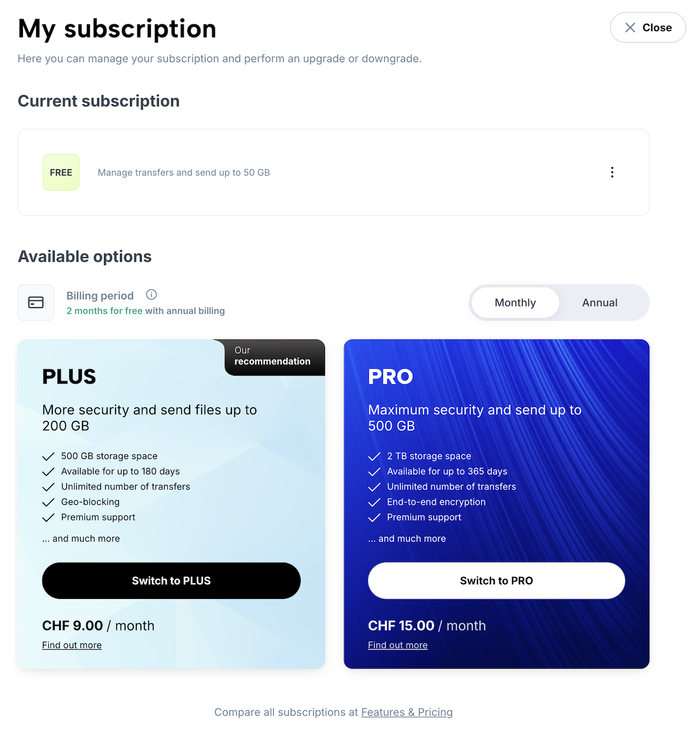 “My subscription” page with information about the current subscription and up/downgrade options.
