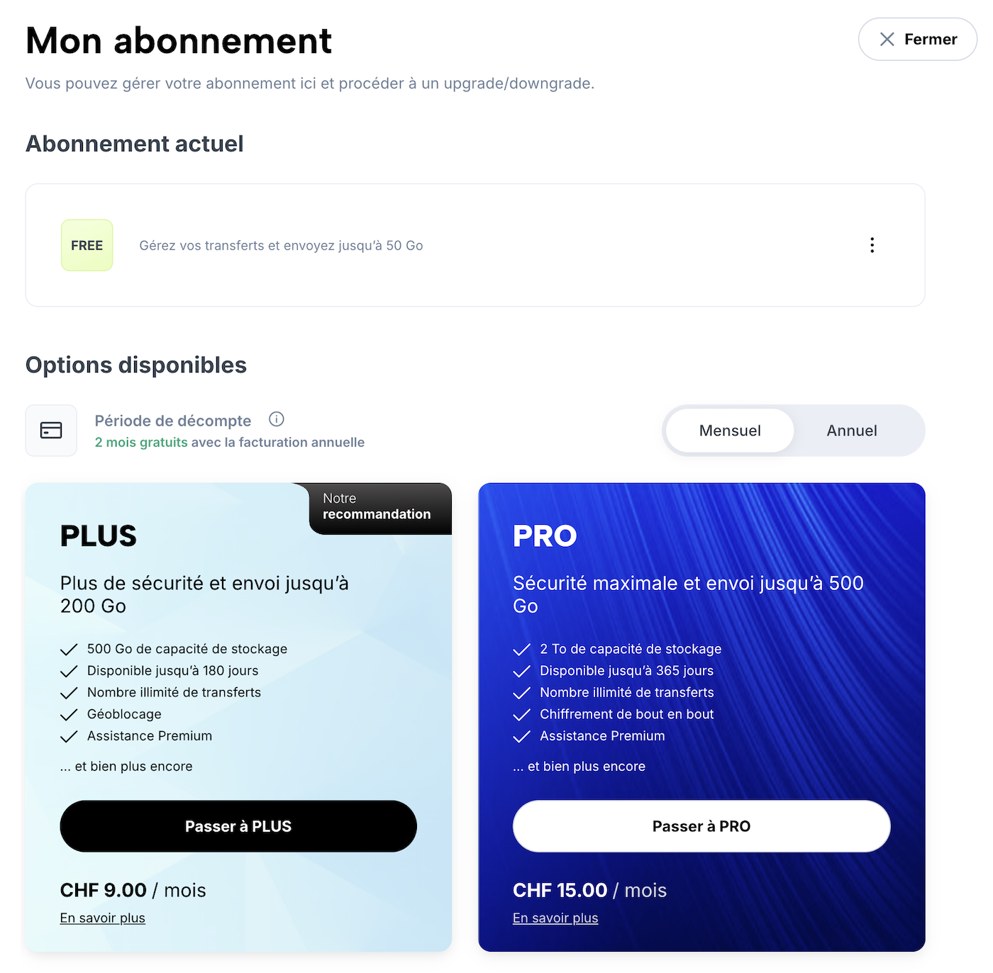 Page «Mon abonnement» avec des informations sur l’abonnement actuel et les possibilités d’upgrade/downgrade.