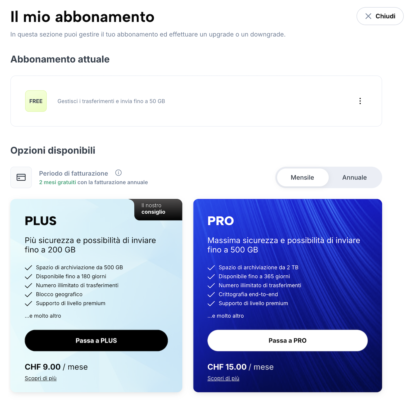Pagina "Il mio abbonamento" con informazioni sull’abbonamento attuale e possibilità di upgrade/downgrade.