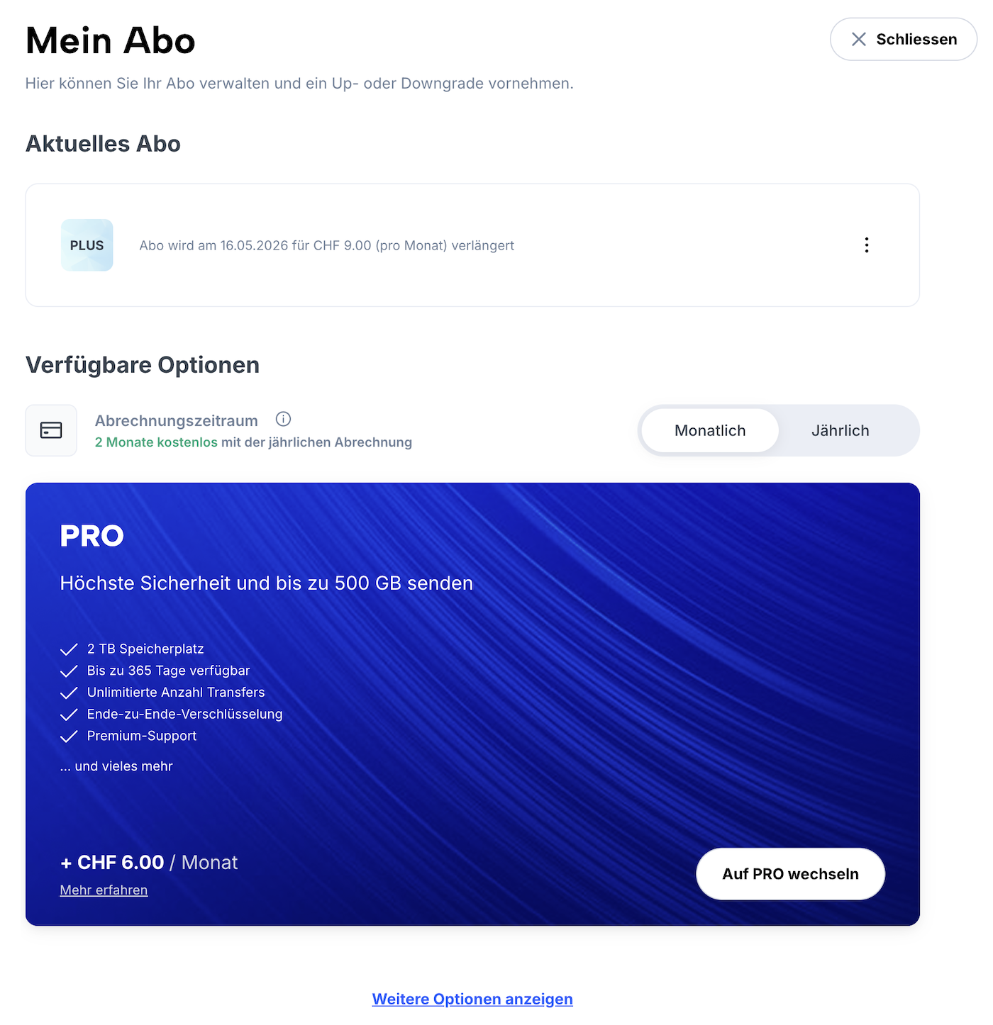 Seite "Mein Abo" mit Infos zum aktuellen Abo sowie Kontextmenü zum Kündigen.