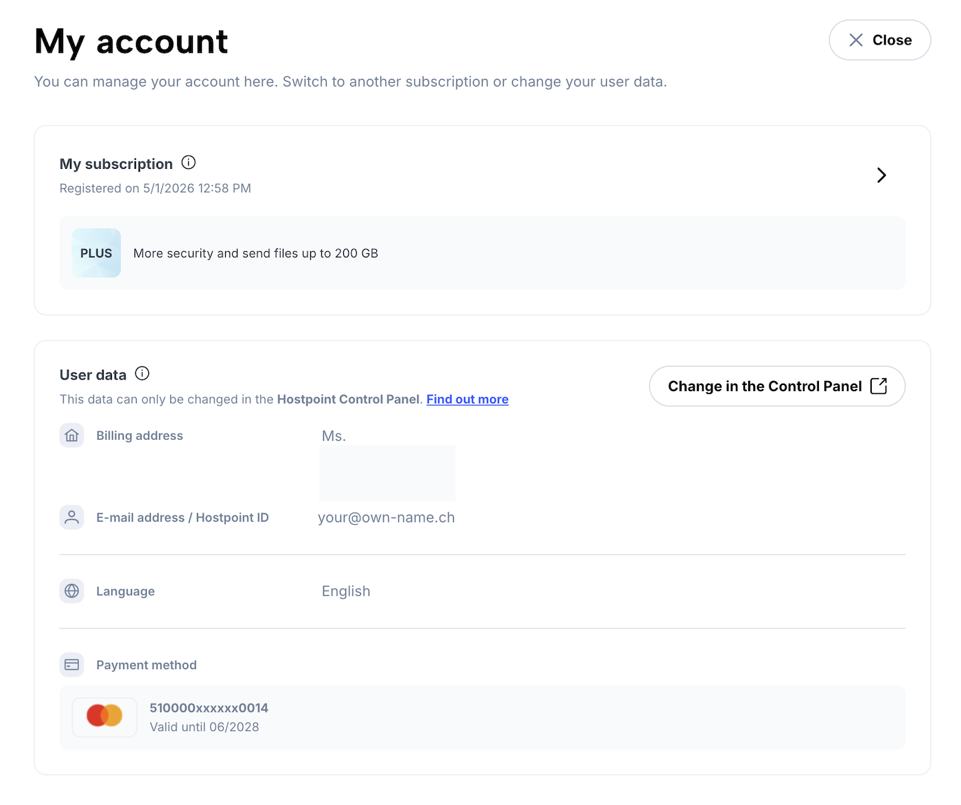 “My account” page with information about the subscription and the stored user data.