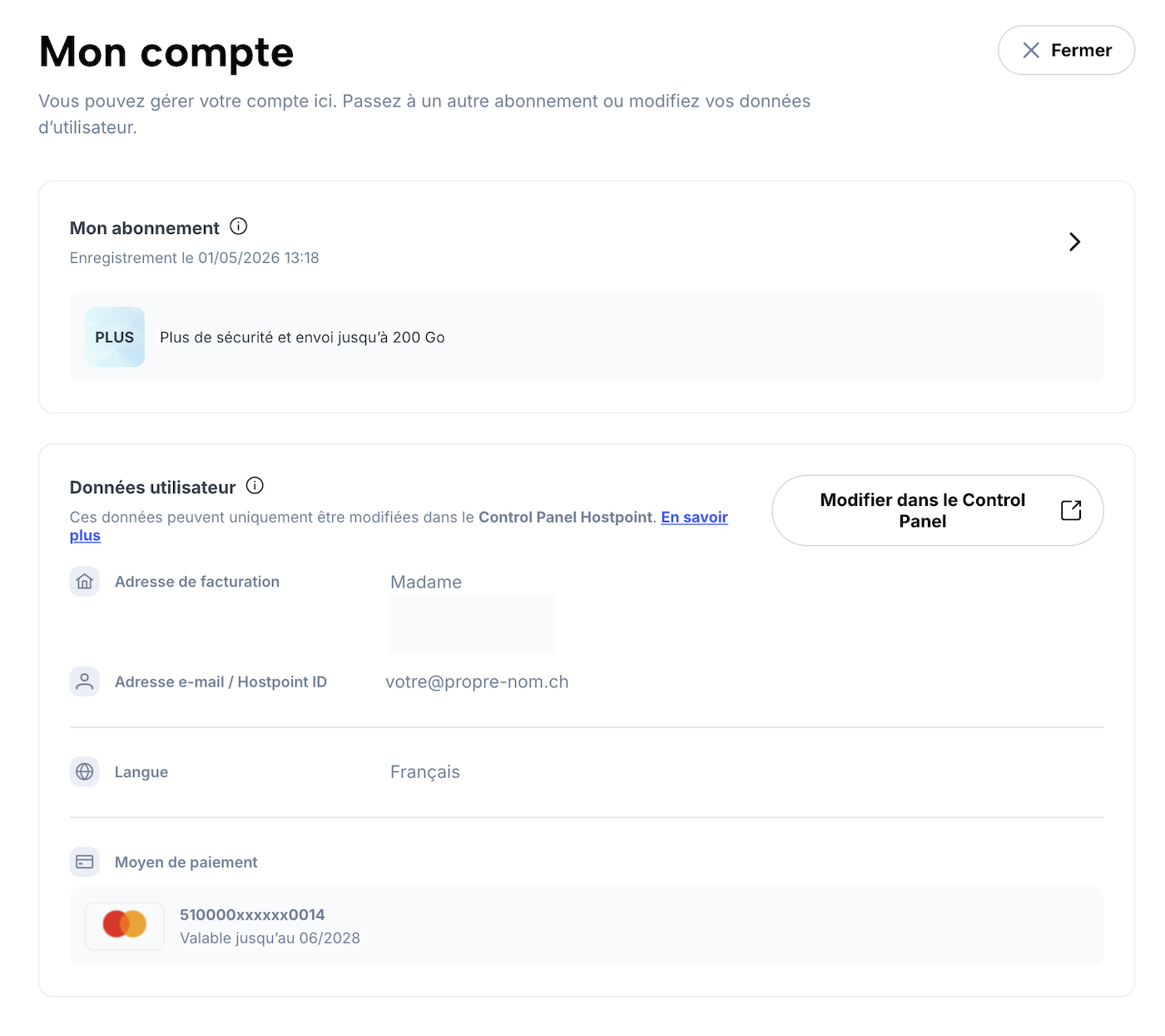 Page «Mon compte» avec les données utilisateur enregistrées et bouton menant au Control Panel.