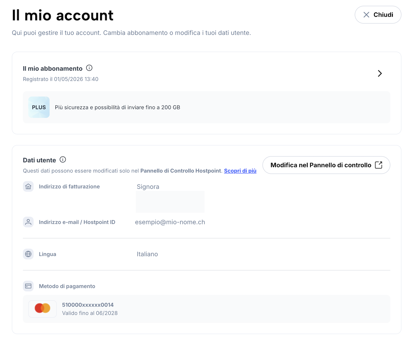 Pagina "Il mio account" con i dati utente salvati e il pulsante che porta al Pannello di controllo.
