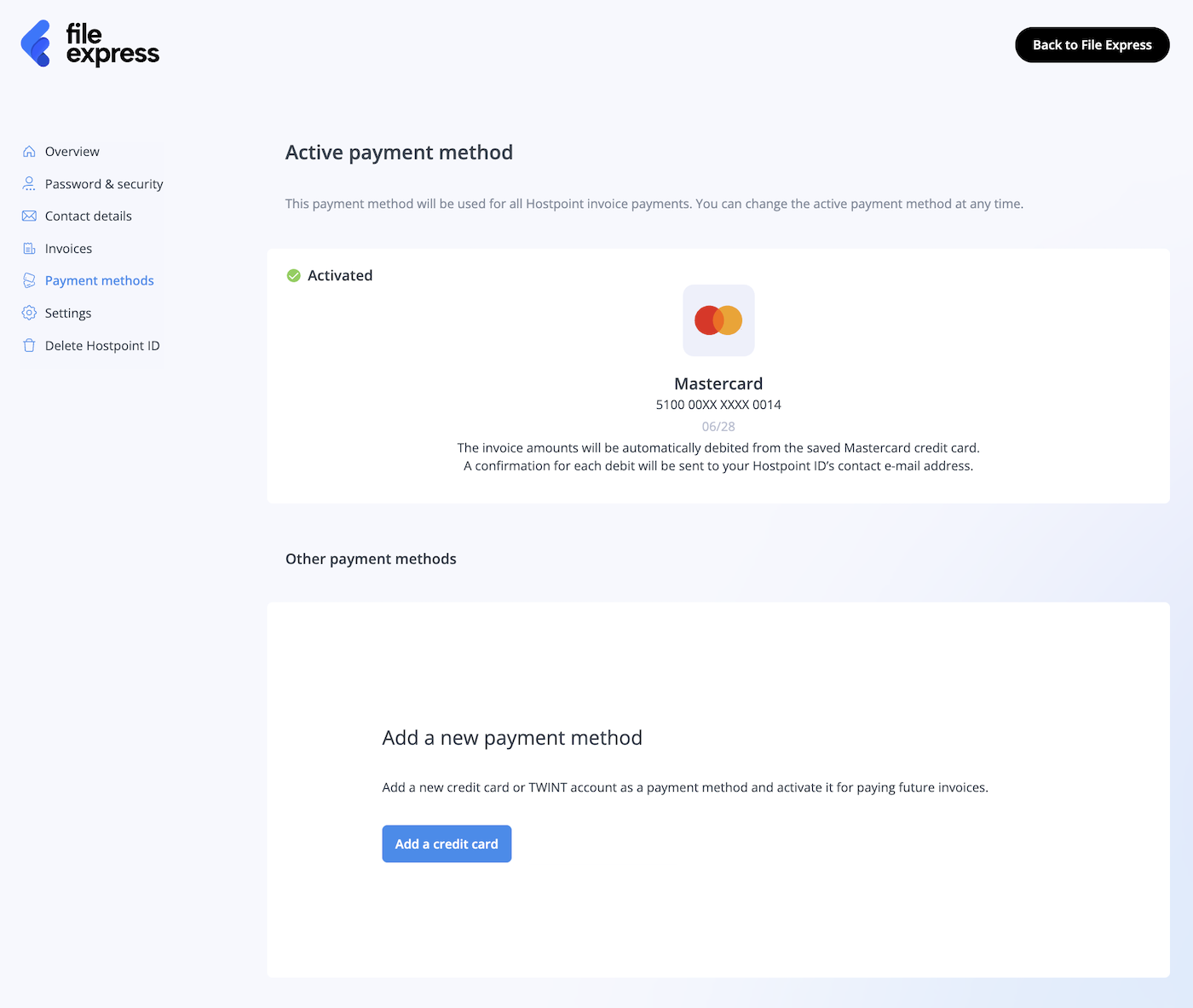 “Payment methods” page in the Hostpoint Control Panel, with the option to add a new credit card.