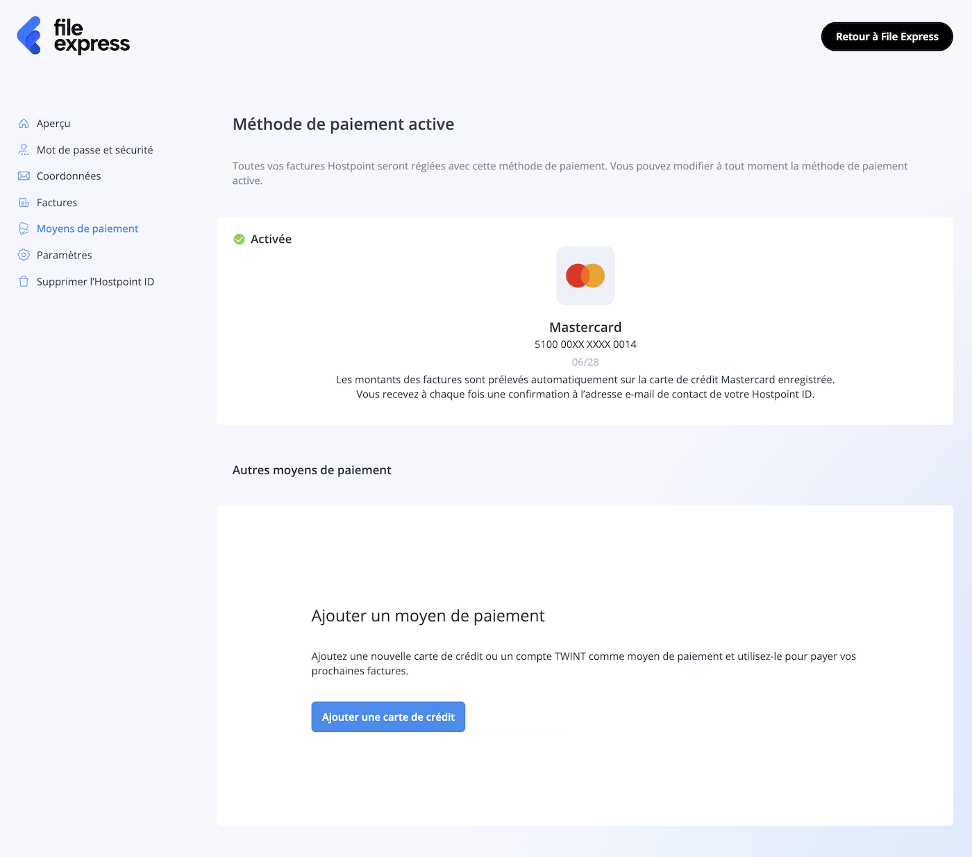 Page «Moyens de paiement» dans le  Control Panel Hostpoint, avec l’option d’ajouter une nouvelle carte de crédit.
