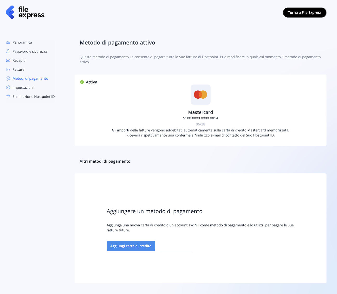 Pagina "Metodi di pagamento" nel Pannello die controllo Hostpoint, con l’opzione di aggiungere una nuova carta di credito.