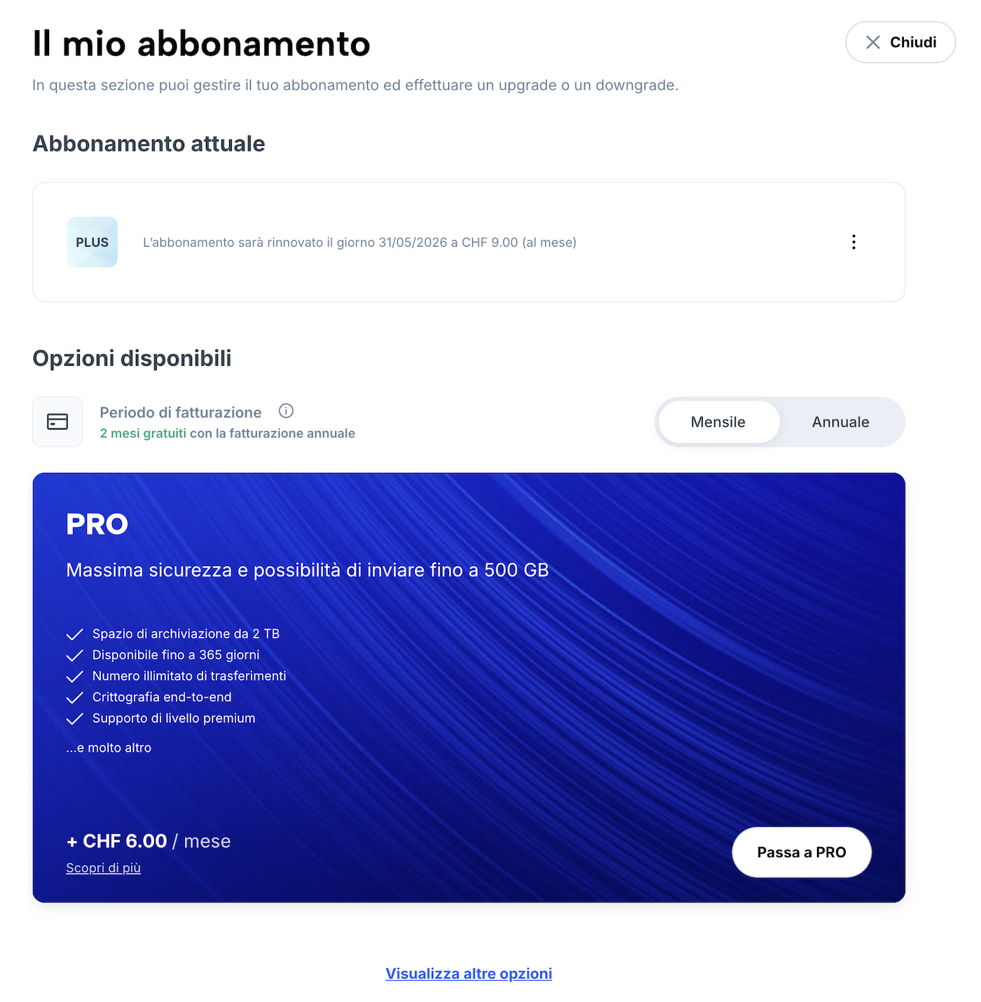 Pagina "Il mio abbonamento" con informazioni sull’abbonamento attuale e possibilità di upgrade/downgrade.