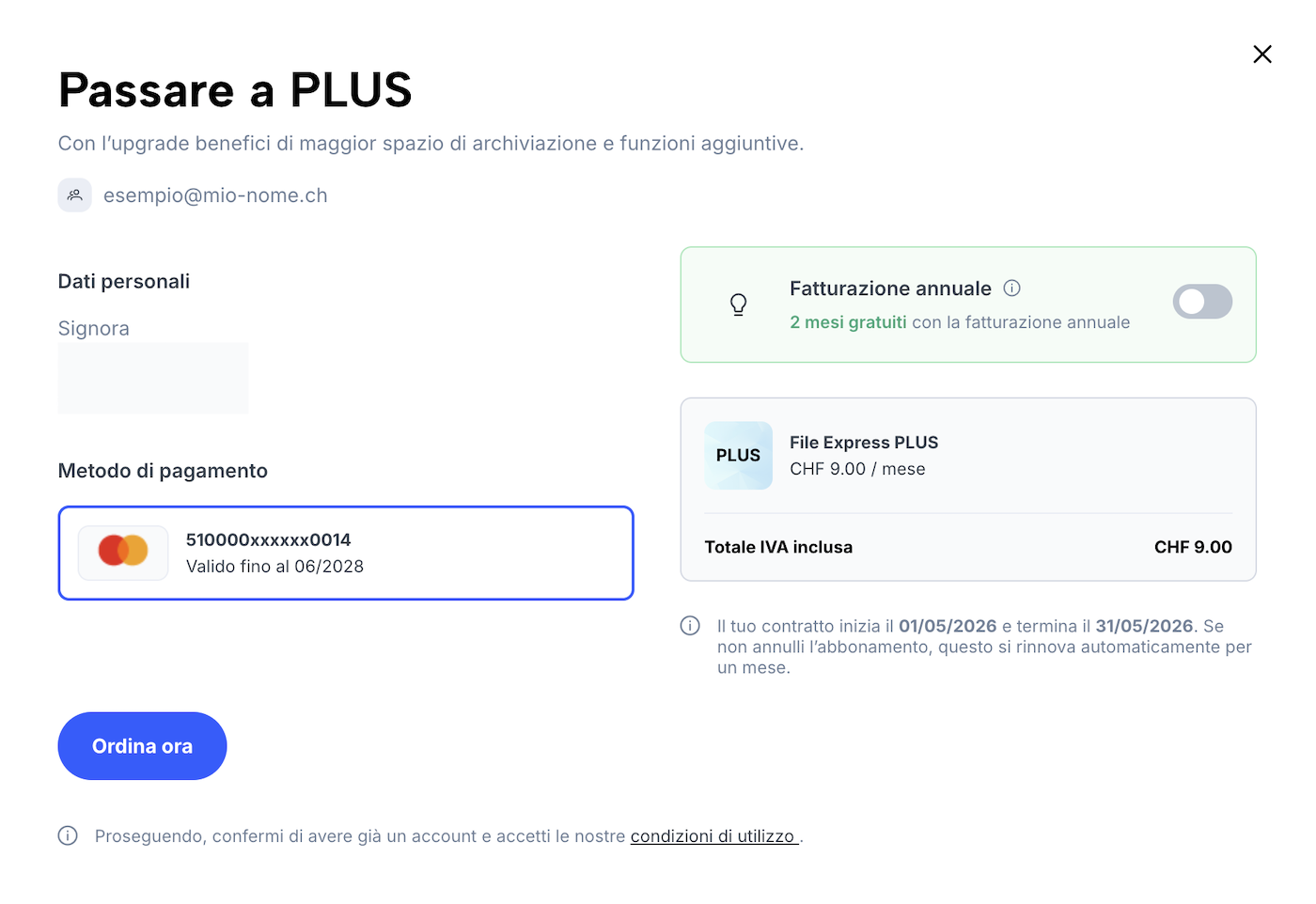 Overlay con tutte le informazioni importanti per l’upgrade dell’abbonamento (dati personali, metodo di pagamento, prezzo).