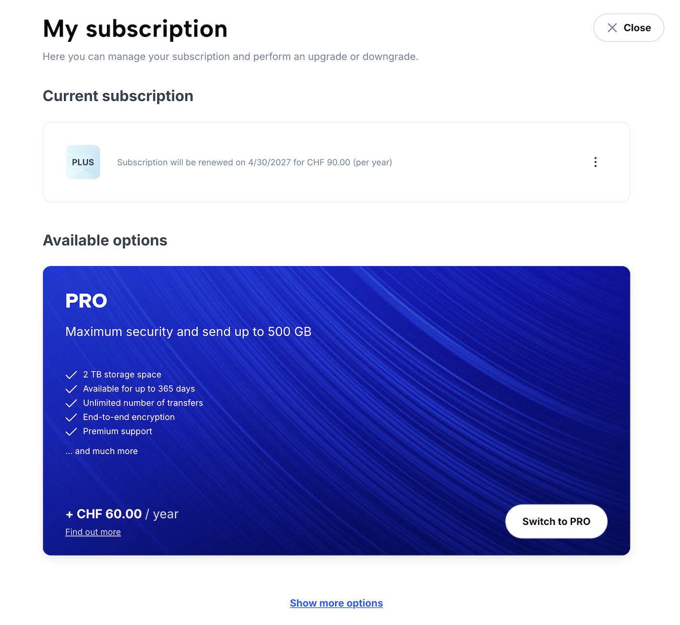 “My Subscription” page with information about the current subscription and a context menu for canceling.