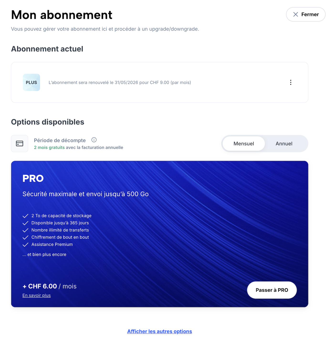 Page «Mon abonnement» avec des informations sur l’abonnement actuel et un menu contextuel pour résilier.
