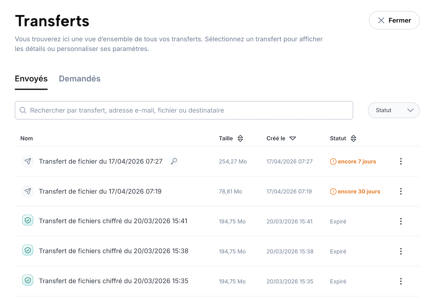 Aperçu de tous les transferts d’un utilisateur, divisés en «Envoyés» et «Demandés».