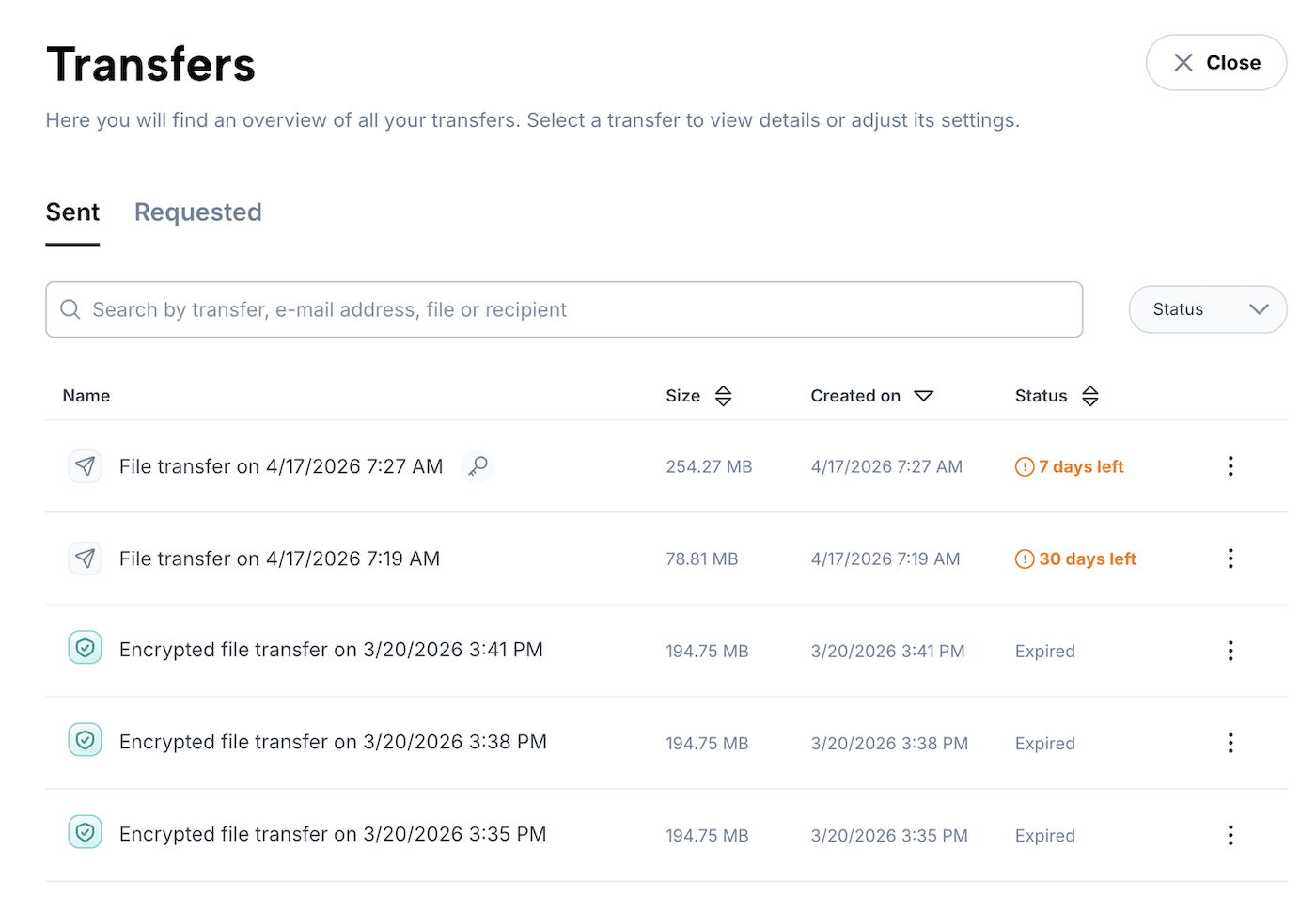 Overview of all a user's transfers, broken down into “Sent” and “Requested”.