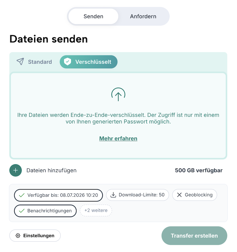 Transferformular (Dateien senden) mit Einstellungen für Ende-zu-Ende-verschlüsselte Transfers