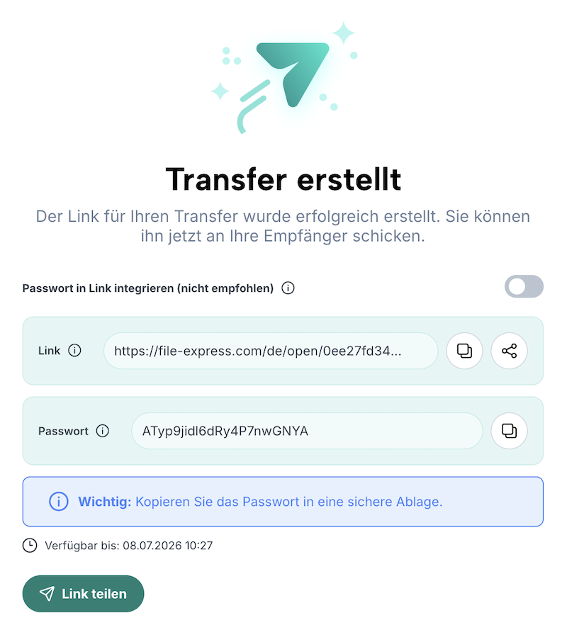 Bestätigung des erstellten verschlüsselten Transfers mit Link und Optionen zum Teilen