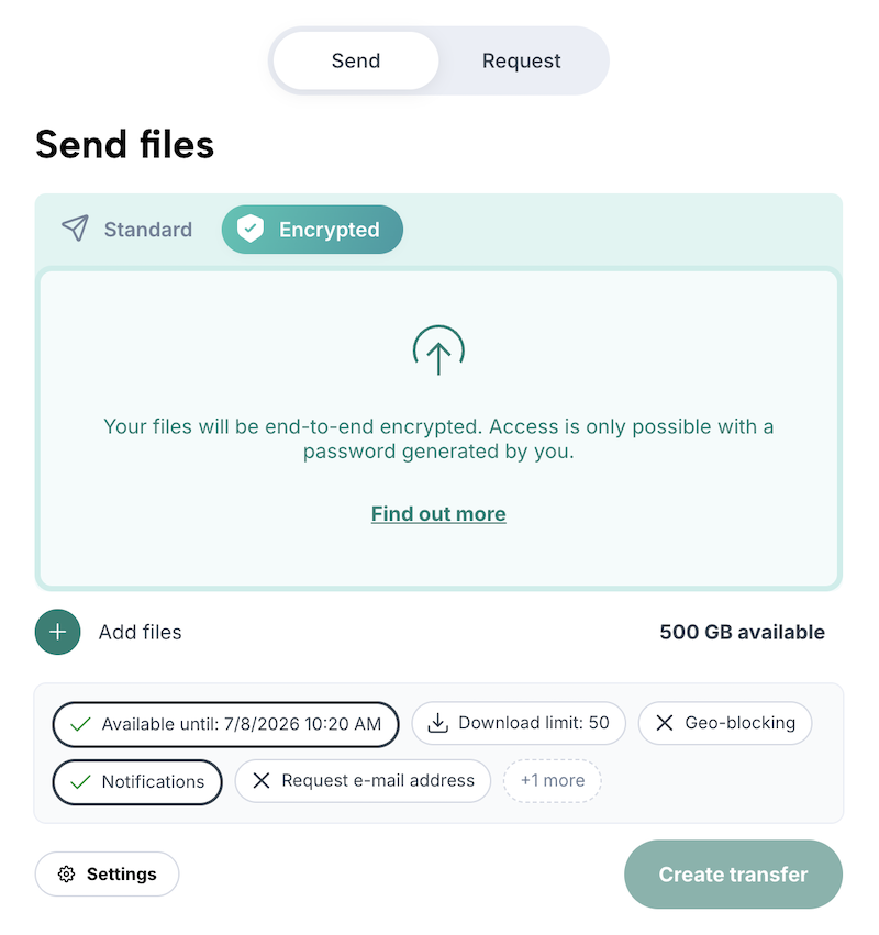 Transfer form (send files) with settings for end-to-end-encrypted transfers