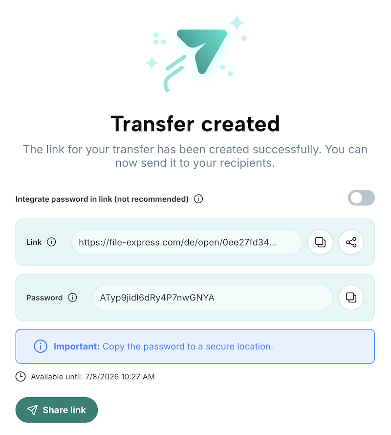 Confirmation of the encrypted transfer that was created, including a link and sharing options