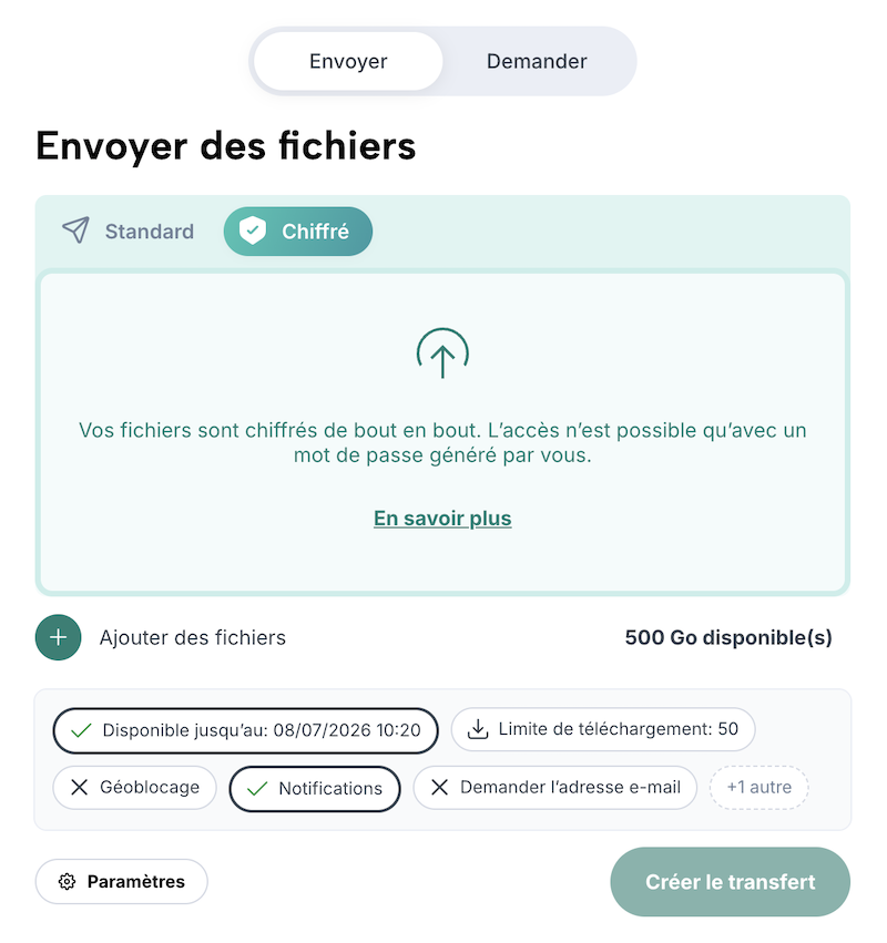 Formulaire de transfert (envoi de fichiers) avec paramètres pour les transferts chiffrés de bout en bout