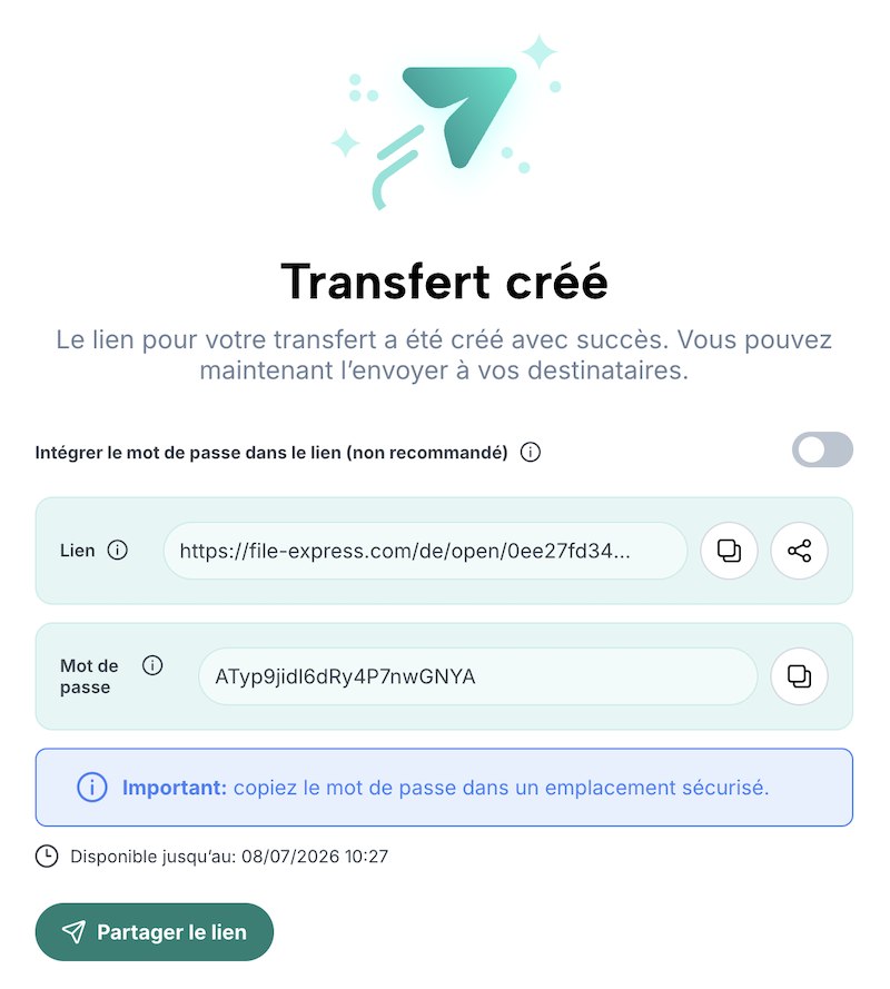 Confirmation du transfert chiffré effectué avec le lien et des options pour le partager