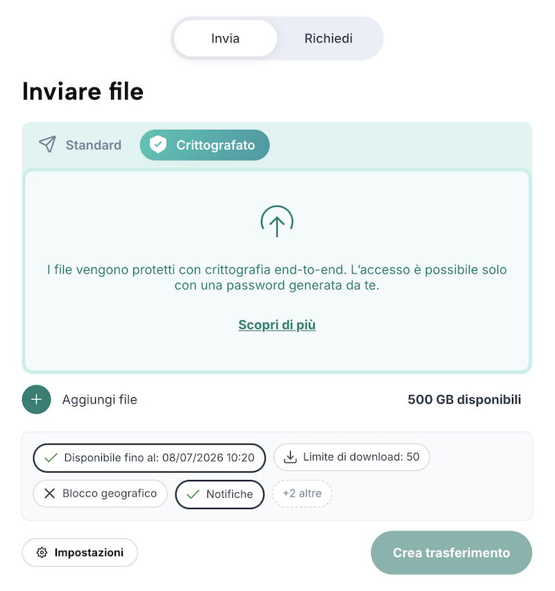 Modulo di trasferimento (invio di file) con impostazioni per i trasferimenti crittografati