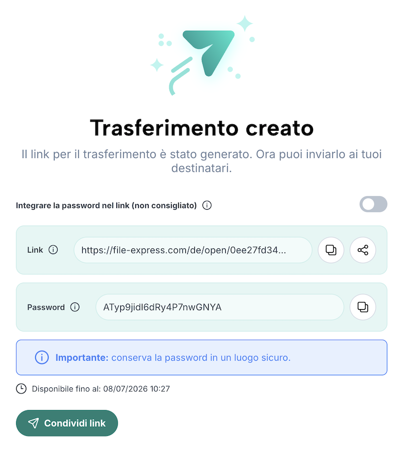 Conferma del trasferimento crittografato creato con link e opzioni per condividerlo