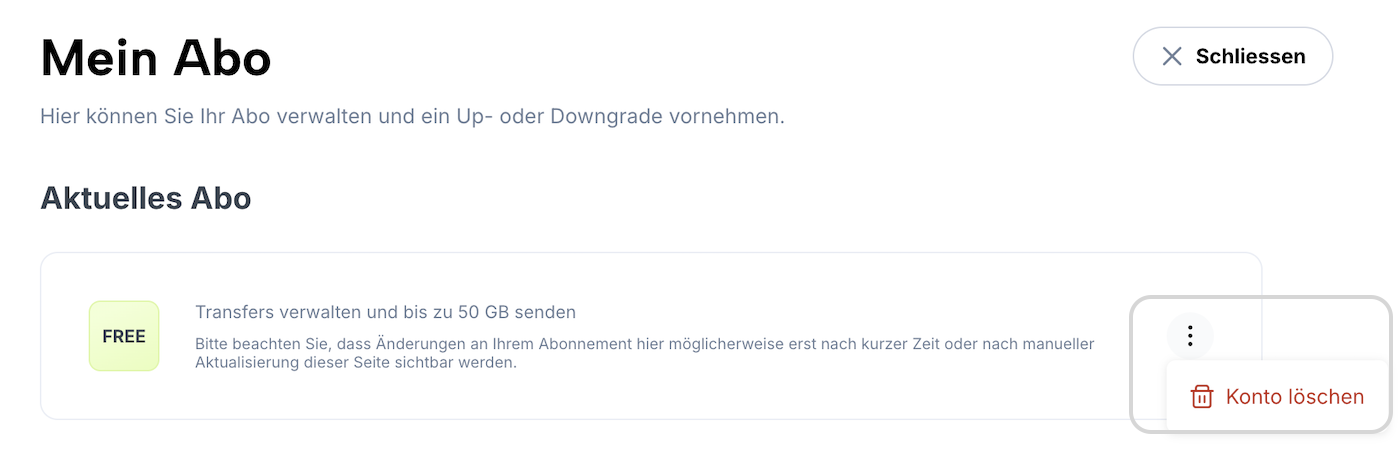 Abschnitt "Mein Abo" mit Kontextmenü und Aktion zur Löschung des Kontos