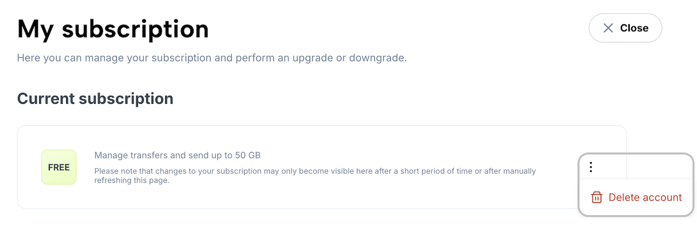 “My Subscription” section with a context menu and an option to delete the account