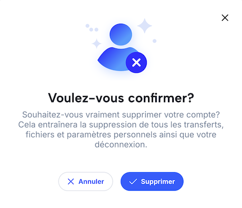 Overlay pour la suppression définitive du compte File Express