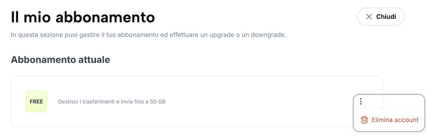 Sezione “Il mio abbonamento” con menu contestuale e opzione per la cancellazione dell'account