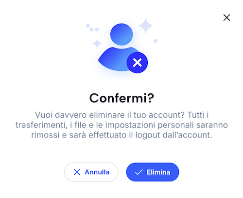 Overlay per la cancellazione definitiva dell'account File Express